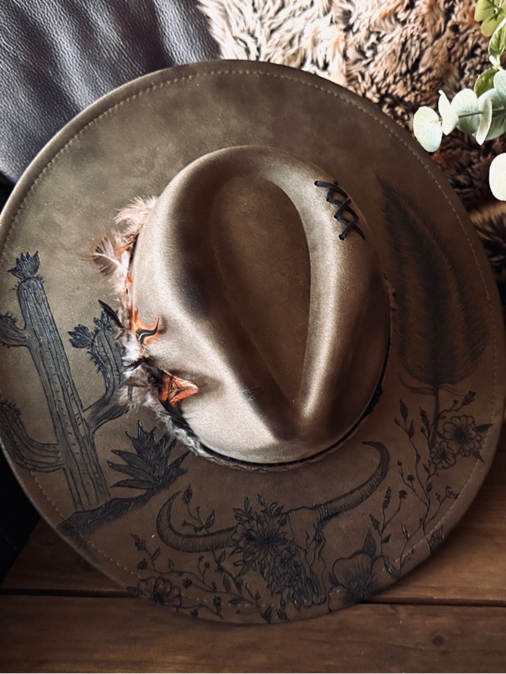 Embroidered Western Felt Hat in Olive Brown with Feather Accent
